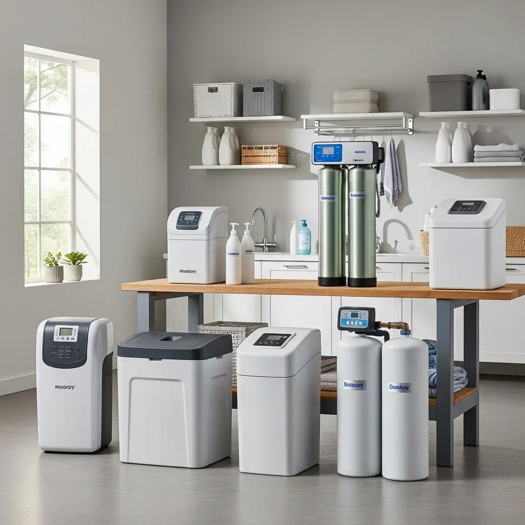 Selection of water softeners in a utility room — comparing features