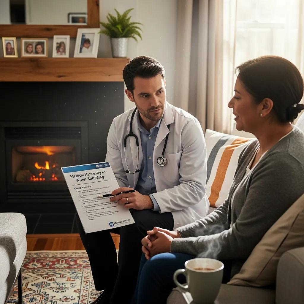 Healthcare provider explaining why a water softener is medically necessary to a homeowner