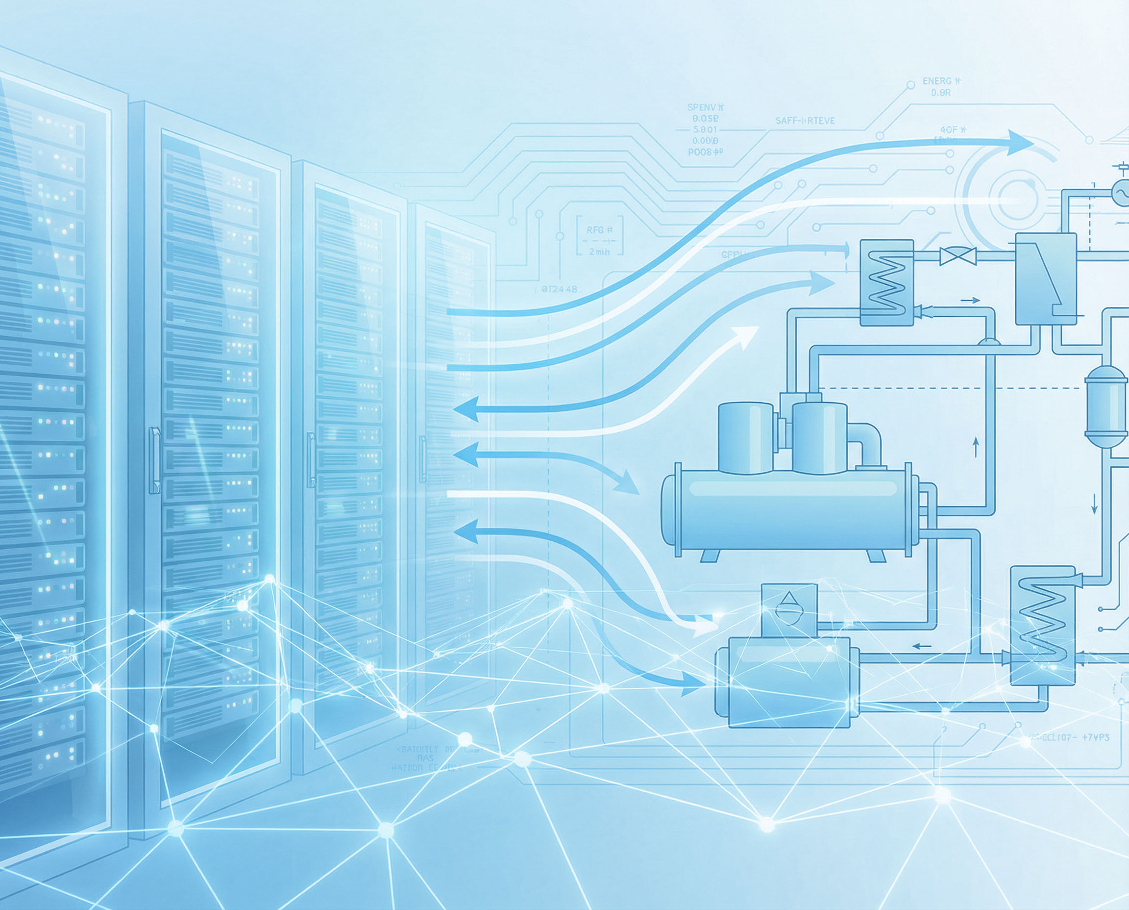 Illustration of a data center aisle with server racks and stylized airflow lines connecting to a simplified cooling system diagram, representing data-driven cooling optimization.