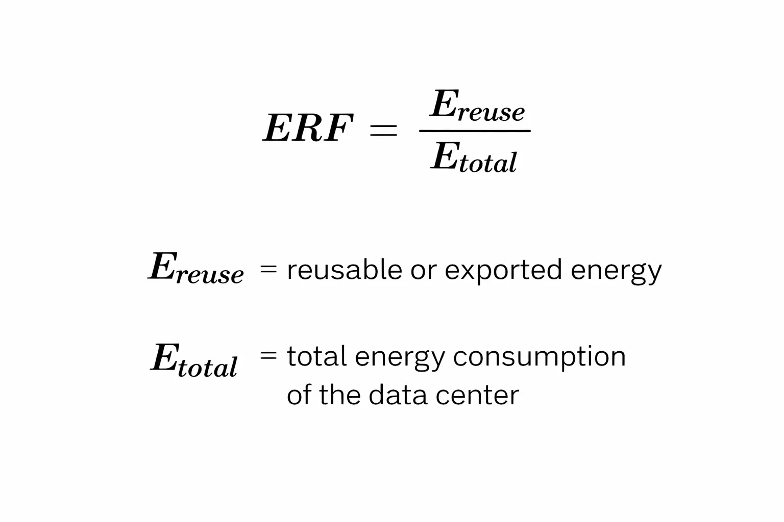 Energy Reuse Factor formula showing ERF as reusable or exported energy divided by total data center energy consumption.