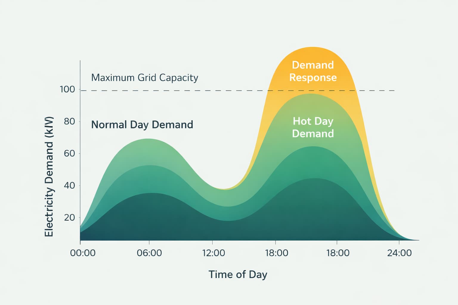 Comparison of electricity demand on normal and hot days, highlighting how demand response reduces peak loads and helps maintain grid stability.