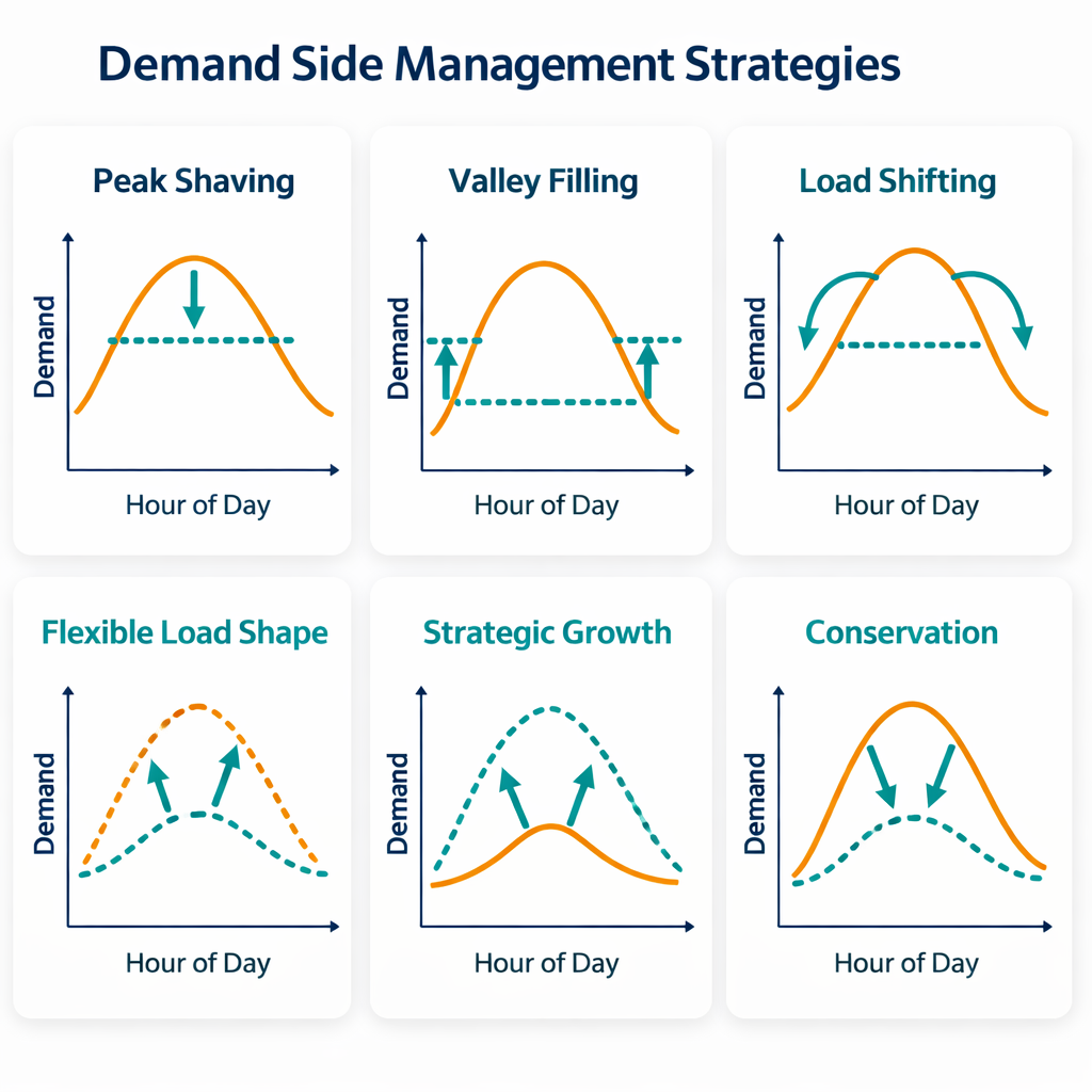 Overview of key Demand Side Management strategies: peak shaving, valley filling, load shifting, flexible load shaping, strategic growth, and energy conservation.