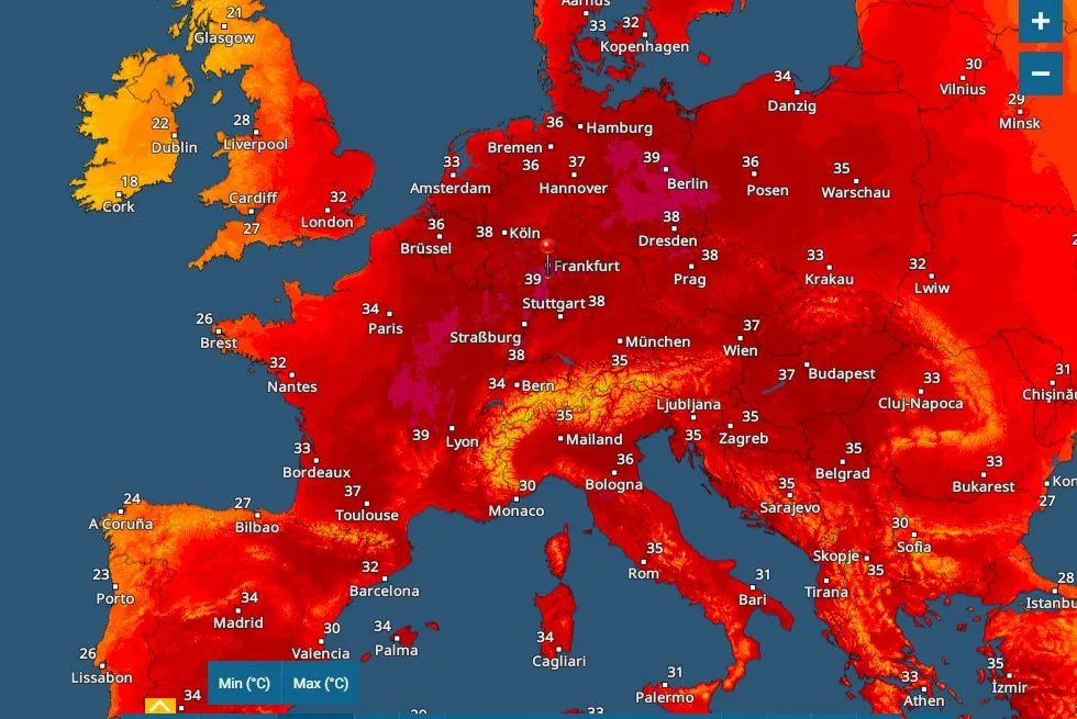 Europäische Hitzewellen-Temperaturkarte mit extremen Sommerhöchstwerten in weiten Teilen des Kontinents.