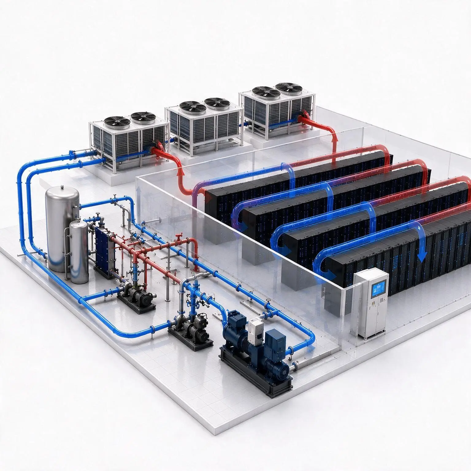 Industrial cooling system retrofit workflow showing digital twins, scenario simulation, and data-driven decision-making for retrofit evaluation.