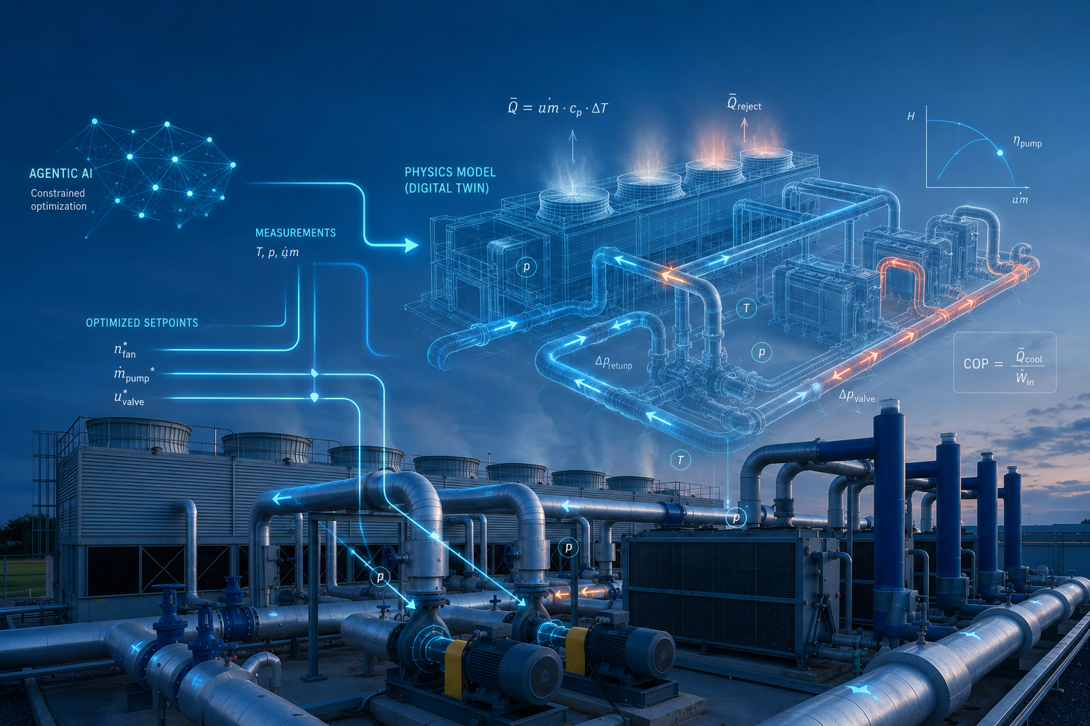 Agentic AI coordinates a physics-based digital twin of a data center cooling system using live measurements and optimized setpoints.