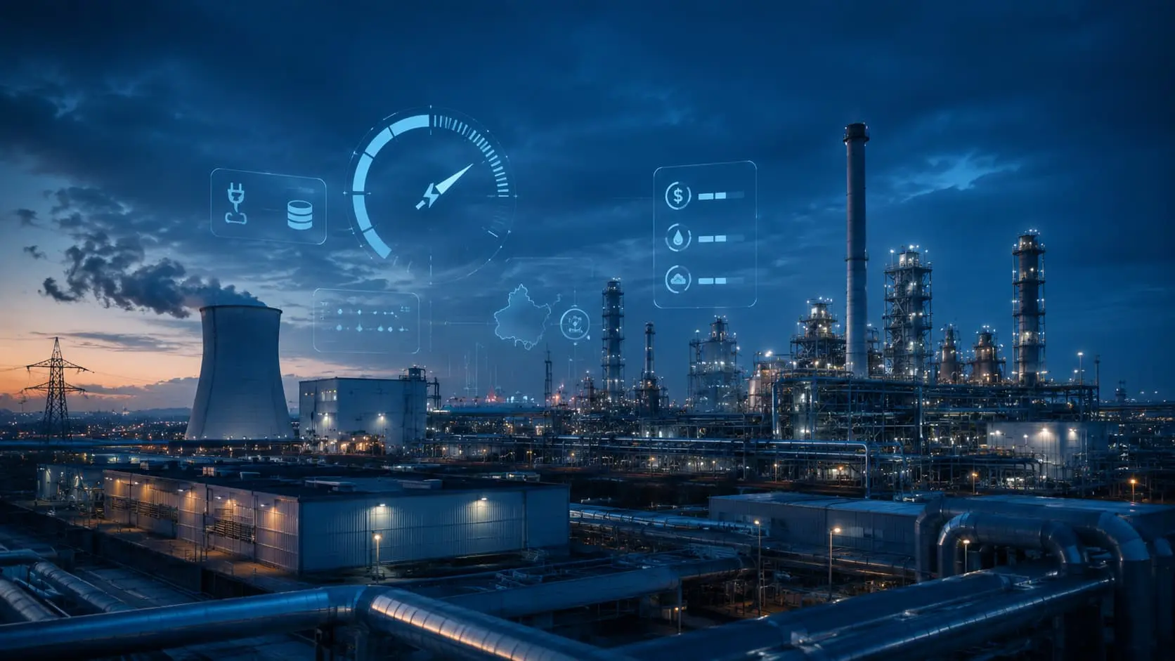 Industrial energy complex at dusk, featuring a cooling tower, refinery structures, pipes, power lines, and illuminated digital energy-monitoring graphics overlaid across the scene.