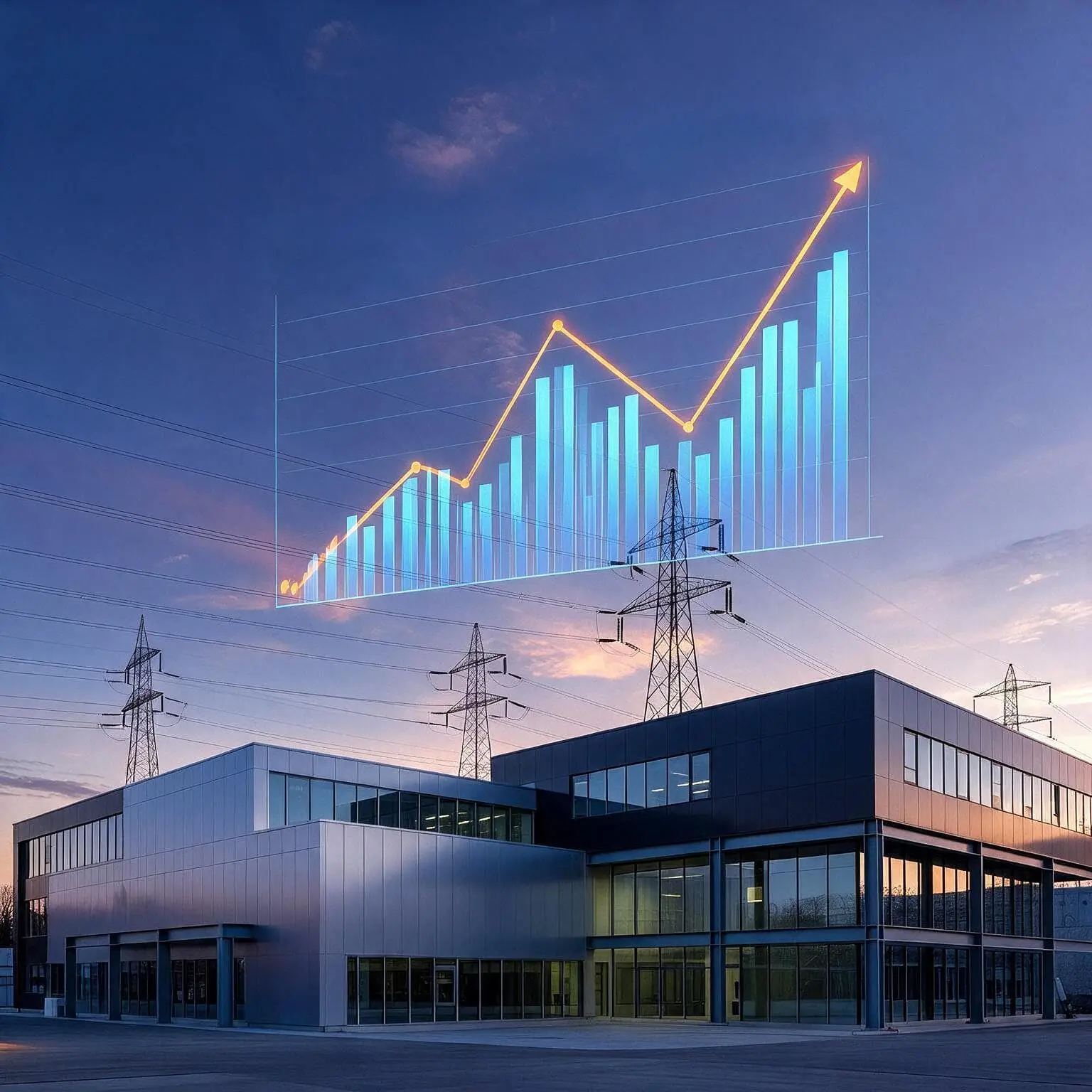 An industrial cogeneration plant with cooling towers and steel piping at dusk, overlaid with a glowing line graph of hourly energy market prices in euros per megawatt-hour, showing values rising and falling through the day from around 30 to a peak of 82 be