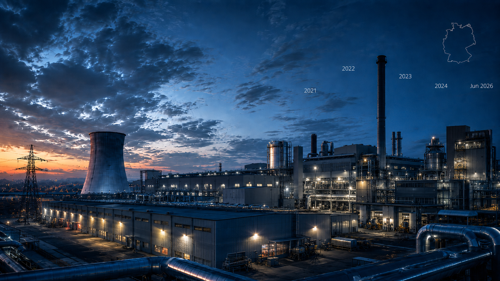 Industrial energy complex at dusk, featuring a cooling tower, refinery structures, pipes, power lines, and illuminated digital energy-monitoring graphics overlaid across the scene