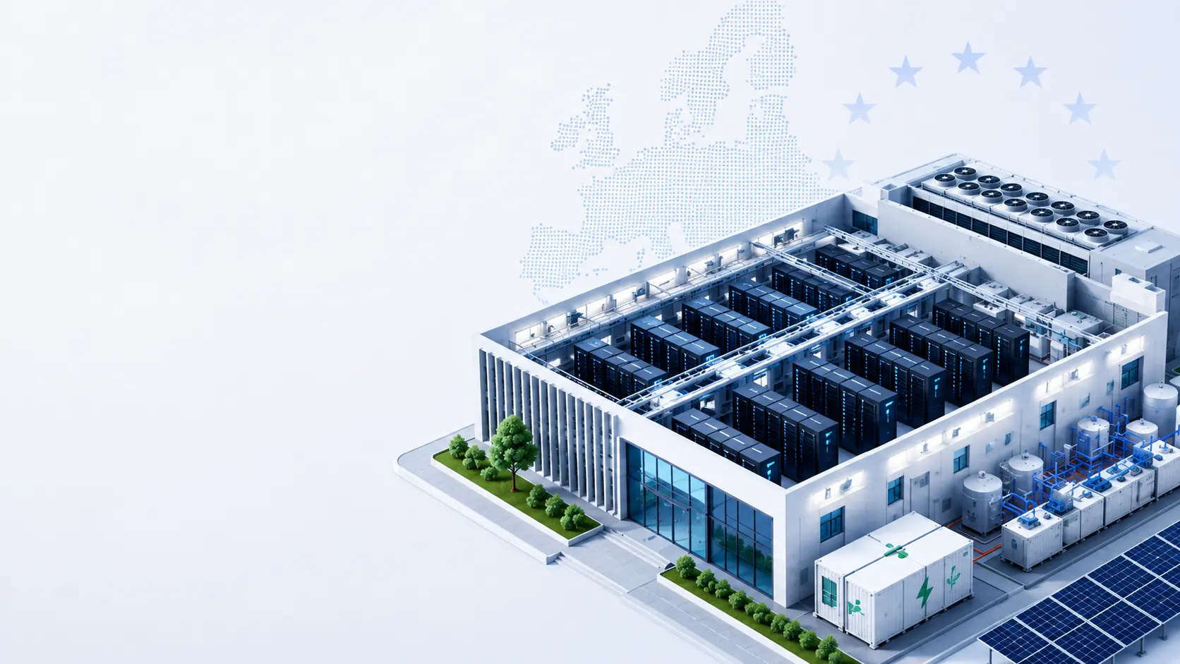 Illustration of a European data centre with server racks, cooling systems and energy infrastructure, representing the EU Data Centre Rating Scheme.