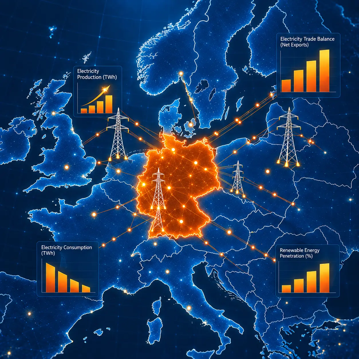 Abstract illustration representing a comparison of Germany's industrial electricity price with the EU average, European countries, and global markets