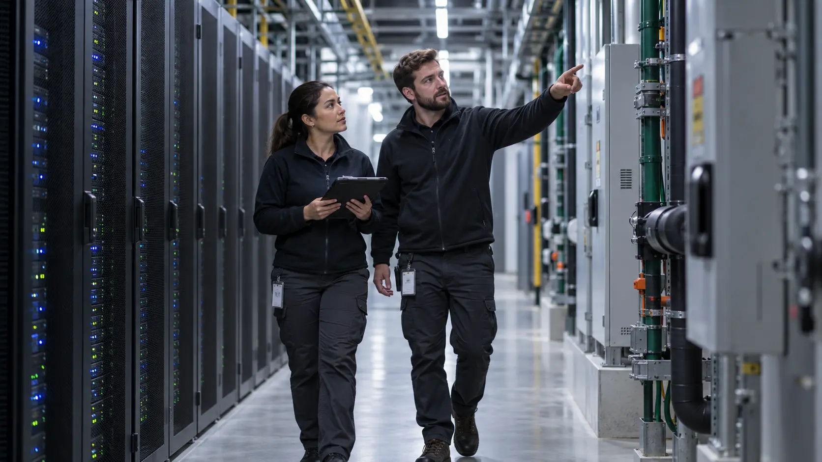 Two critical facilities engineers inspecting cooling infrastructure in a data center.