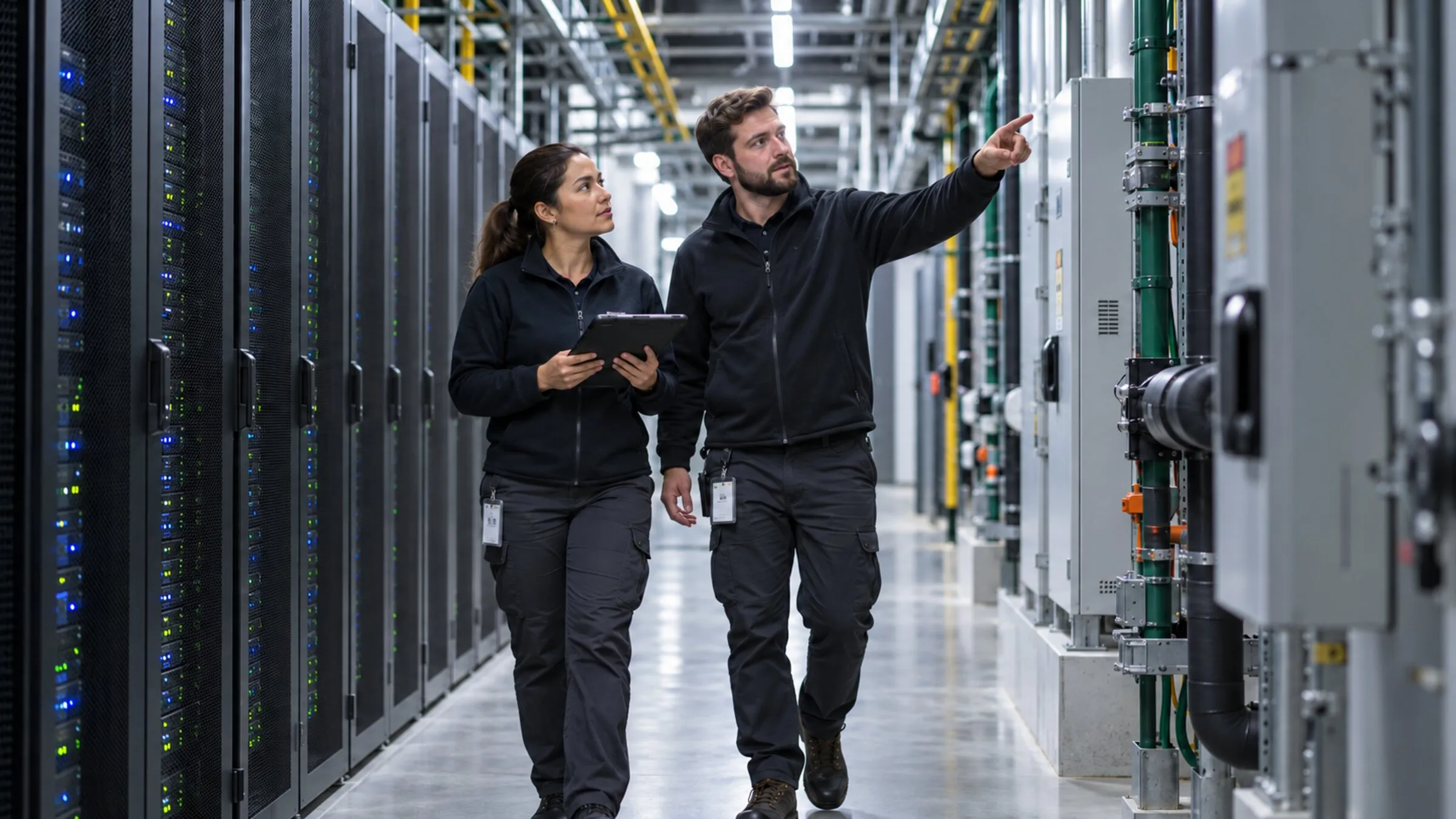 Two data center technicians inspect server and cooling infrastructure during a facility walkthrough, with one pointing out equipment to the other.
