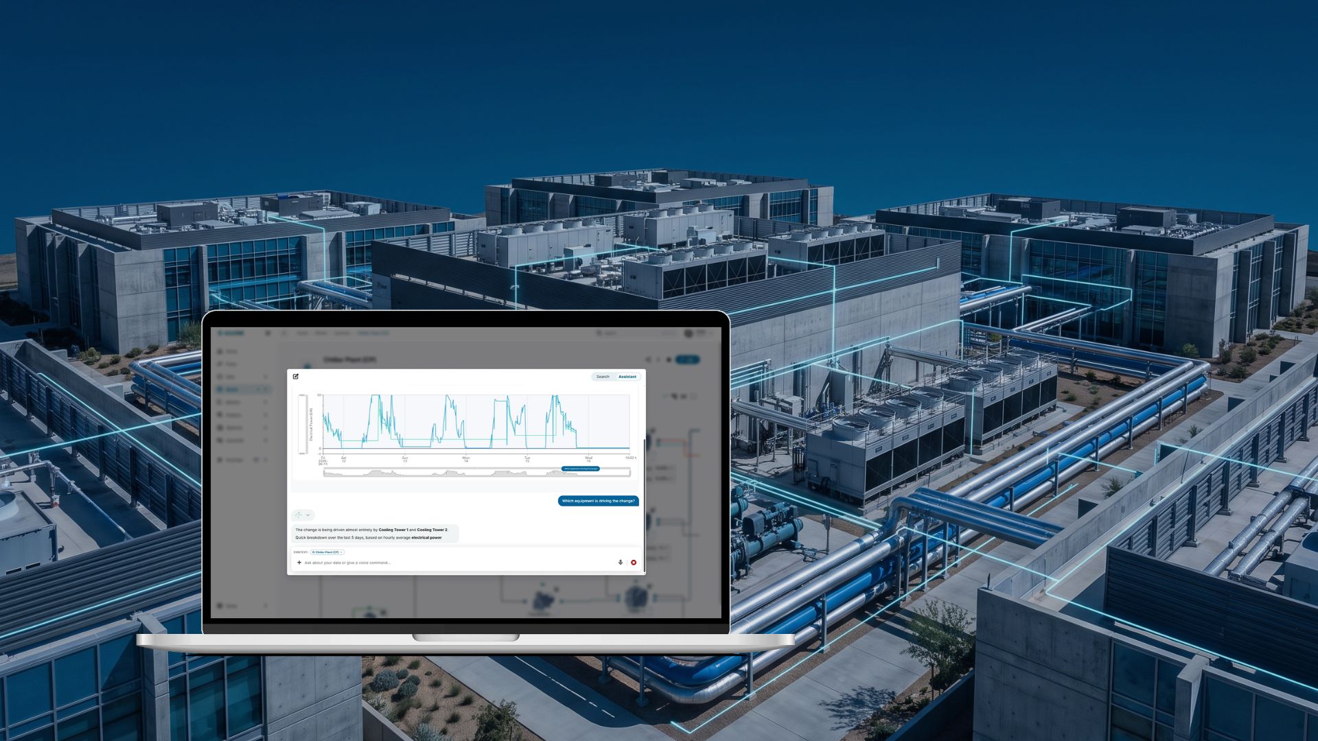 Laptop displaying etaONE IQ in front of a stylized industrial energy infrastructure with cooling equipment, piping and digitally highlighted system connections.