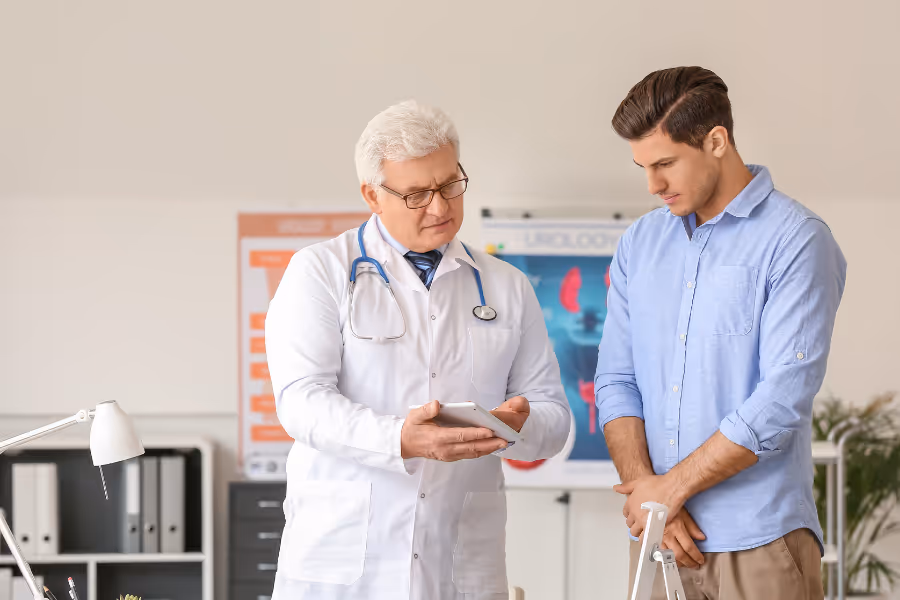 Urologist walking patient through vasectomy reversal process