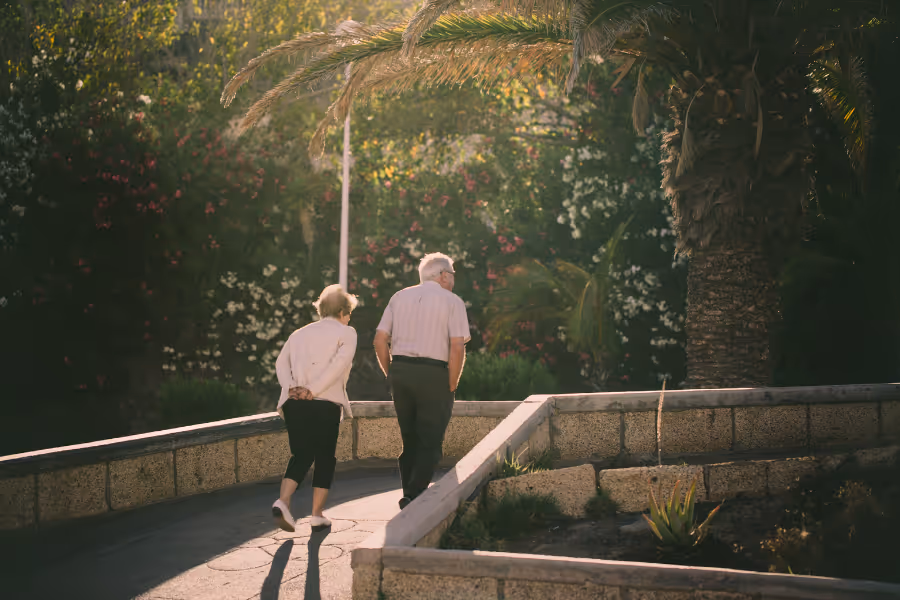 Older couple walking across a stone bridge in the sun.
