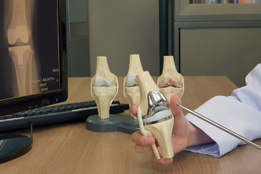 Surgeon pointing at a knee replacement insert