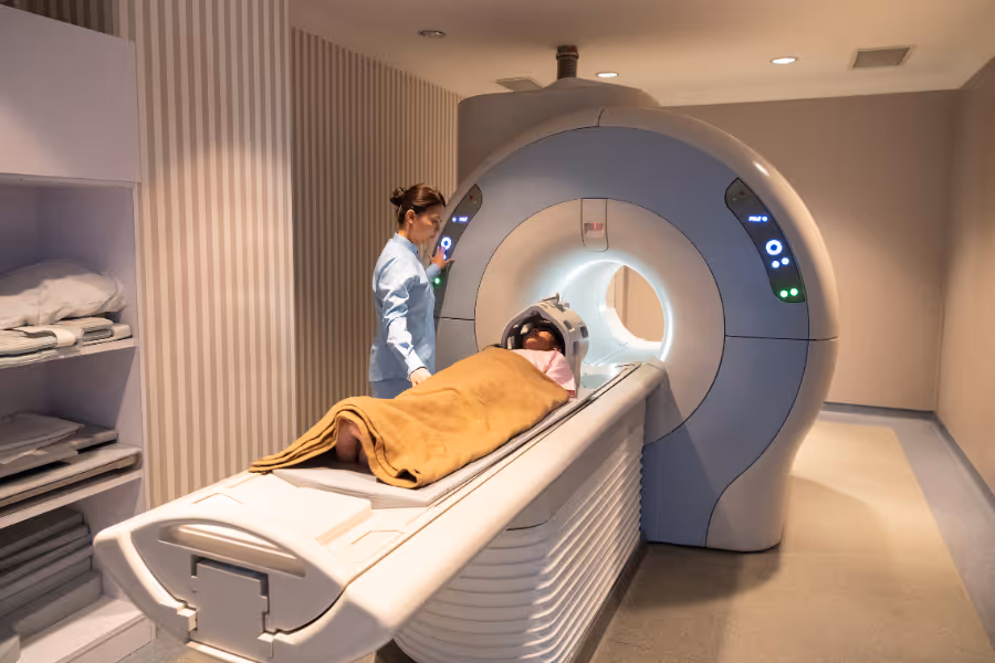 MRI technician helping patient into machine