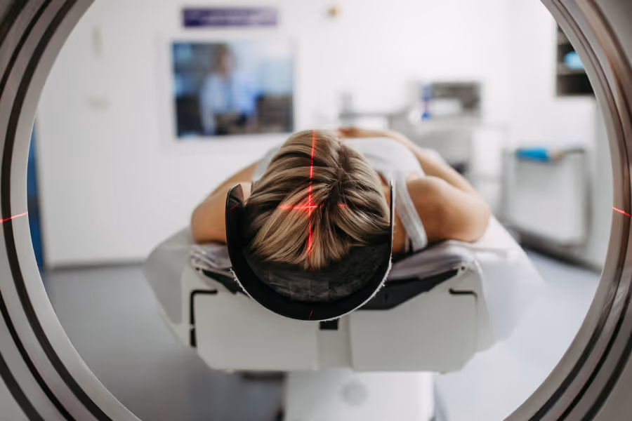 Closeup of patient getting a head CT scan 