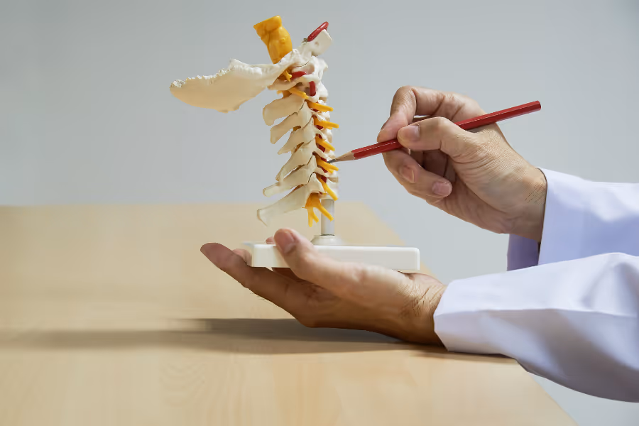 Spine surgeon pointing to a cervical disk spine diagram 
