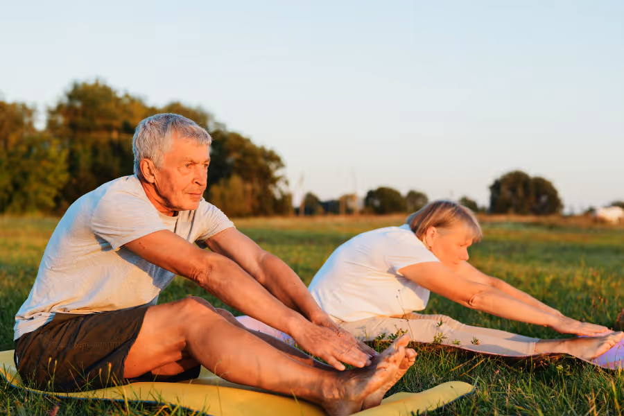 Older couple doing yoga in the park