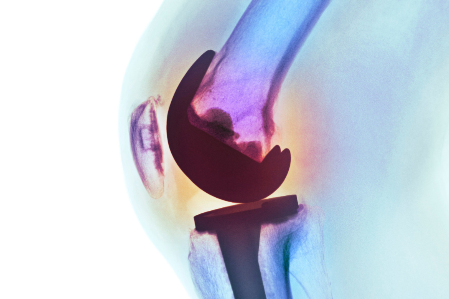 Coloured xray showing knee replacement in 70 year old man
