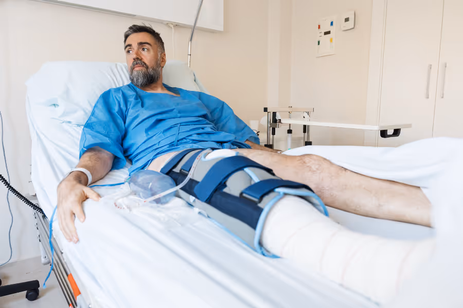 Patient laying in recovery bed after meniscal repair surgery
