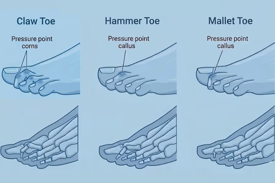 Visual of mallet toe, clawtoe, hammertoe potentially needing surgery