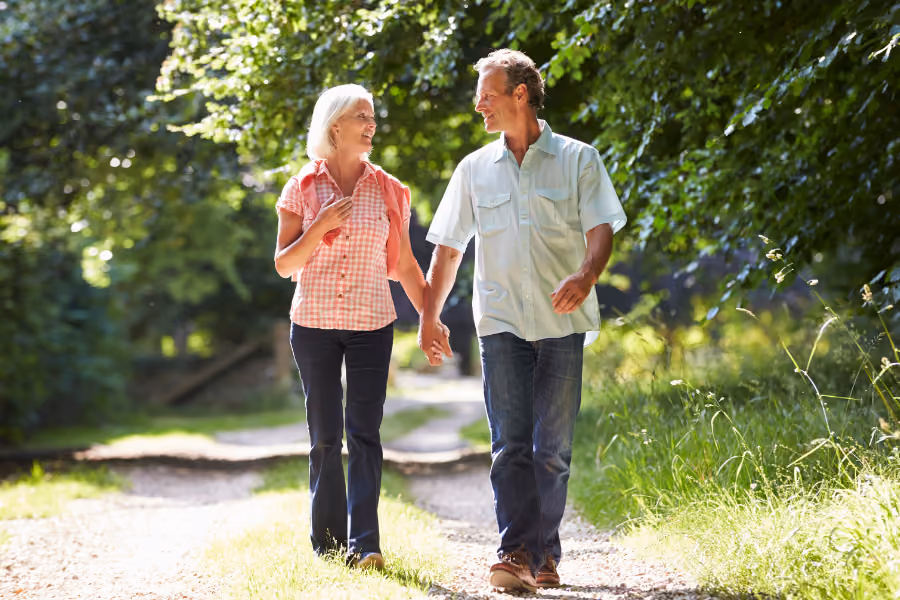 Older couple walking happily hand in hand