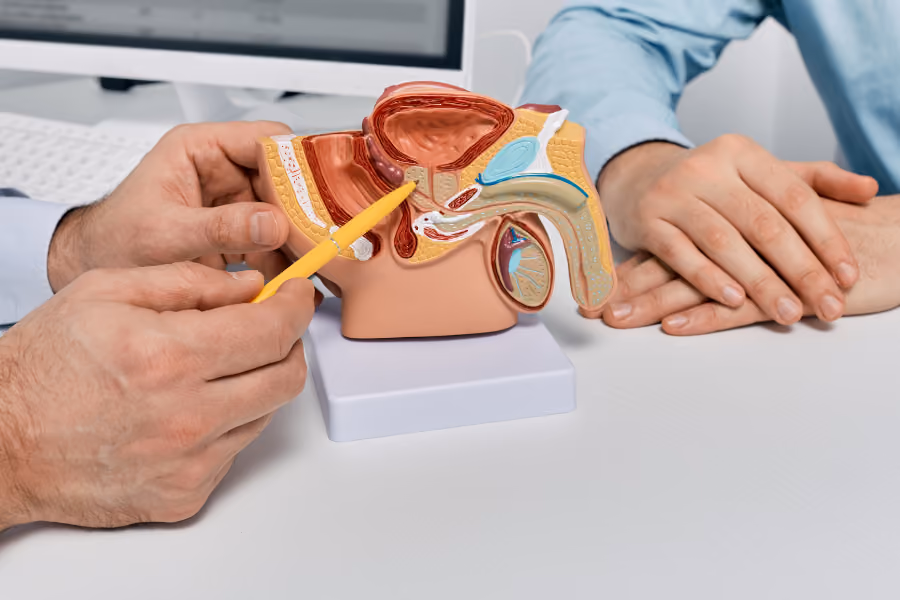 Male physician consulting with male patient using prostate diagram