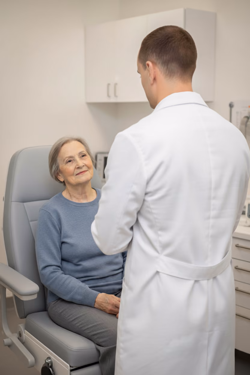 Le docteur Benny discute avec une patiente âgée.