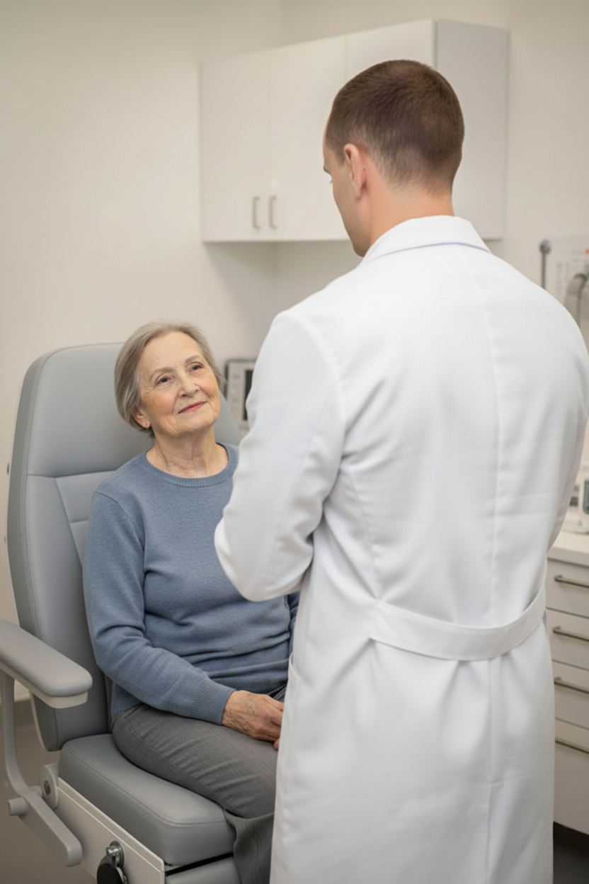 Dr. Benny speaking with older female patient.