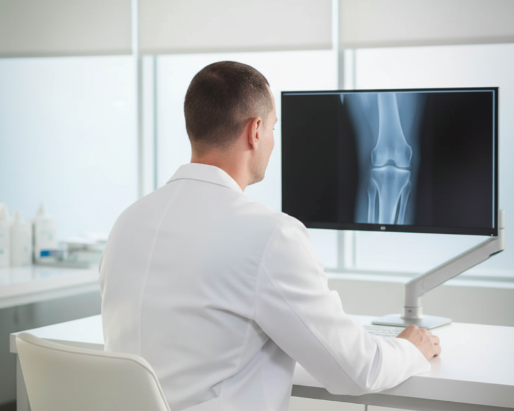 Dr. Benny sitting, inspecting medical imaging of a knee.