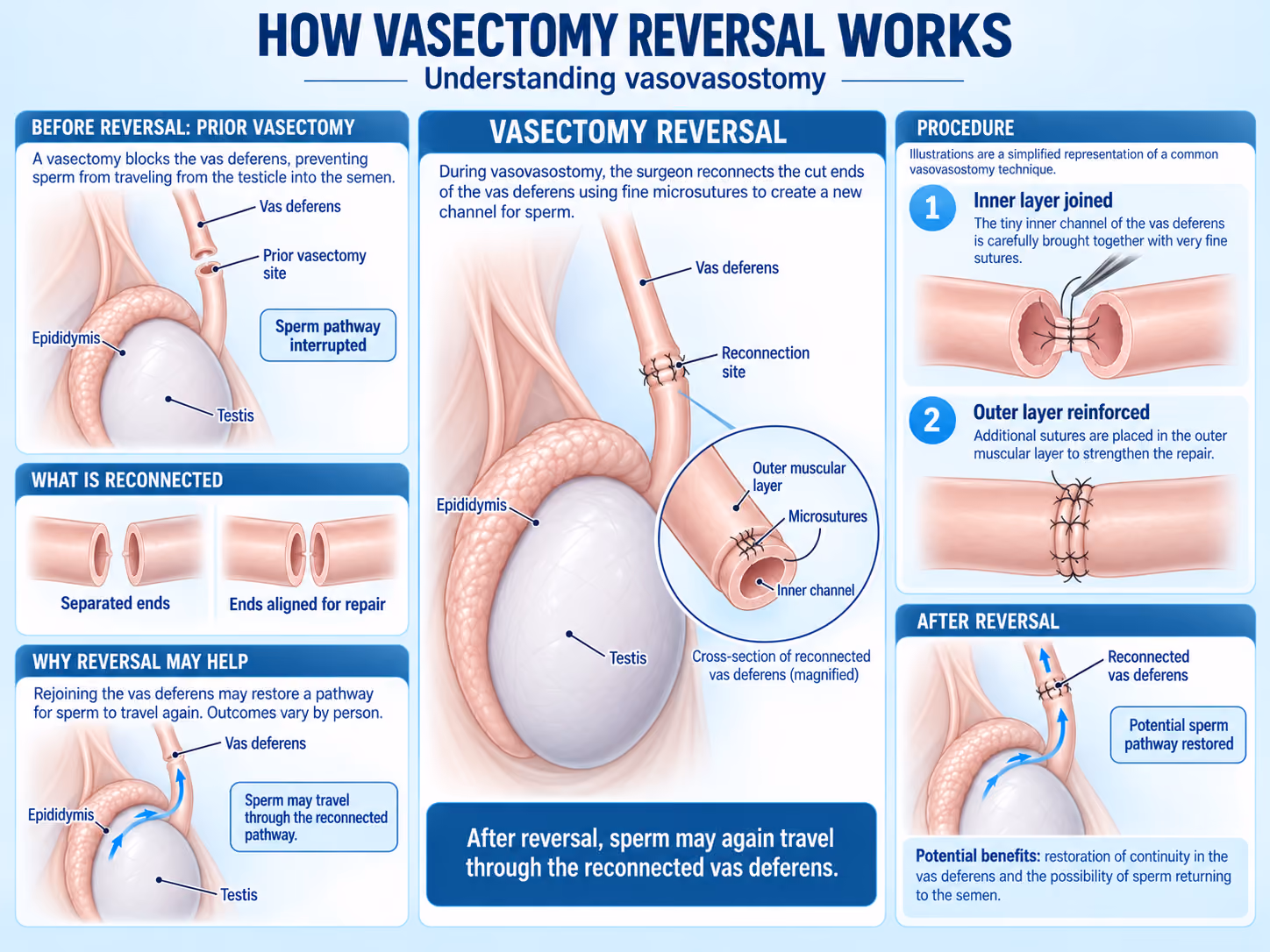 Infographie sur la vasectomie inverse montrant la reconnexion microchirurgicale du canal déférent et la restauration du trajet des spermatozoïdes.