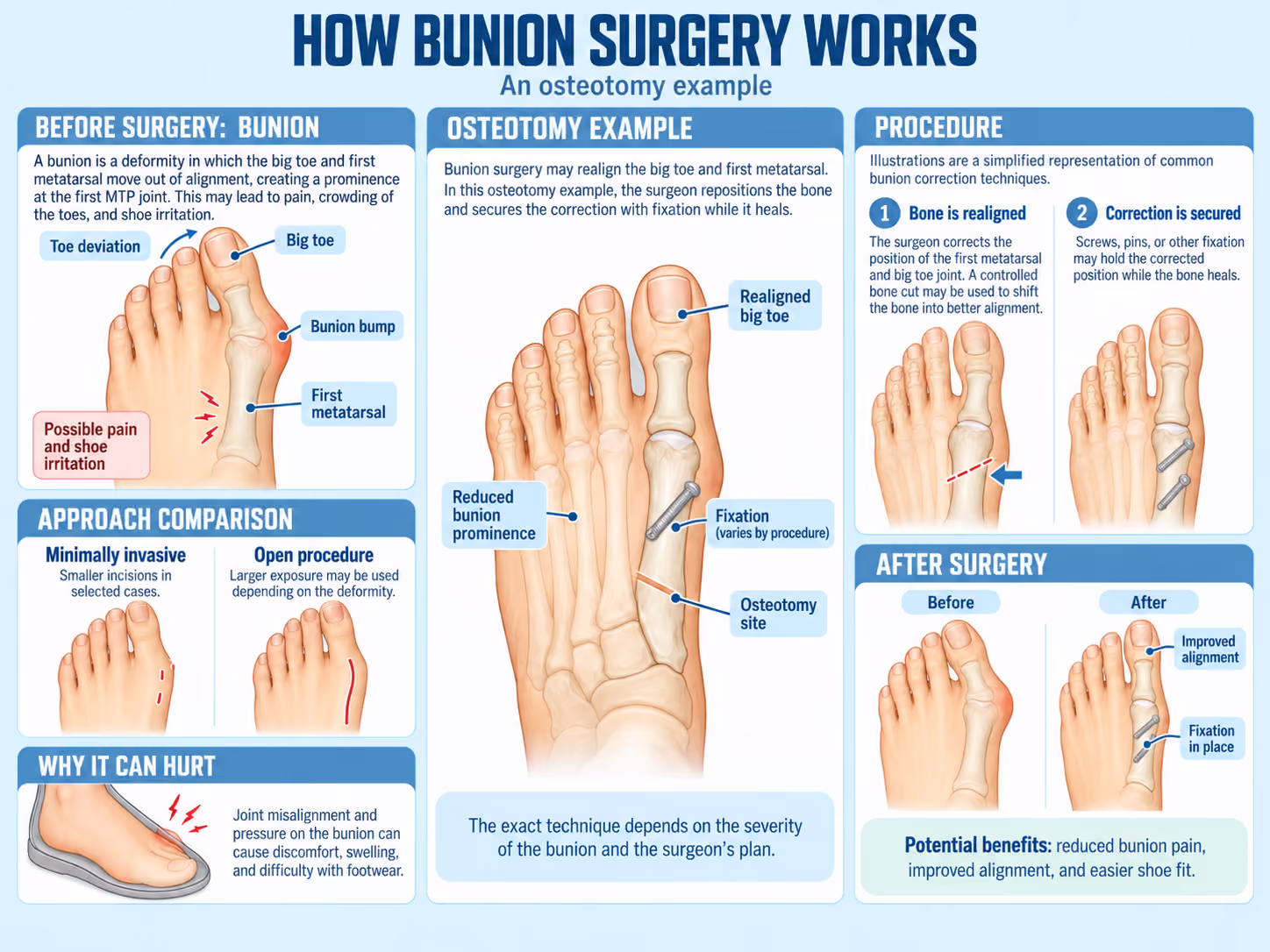 Bunion surgery infographic showing an osteotomy, realignment of the big toe and first metatarsal, and fixation used to hold the corrected position.