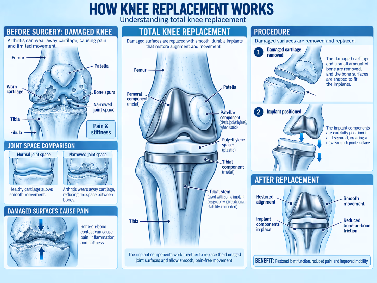 Total knee replacement infographic showing damaged knee cartilage, implant components, surgical steps, and the knee after replacement.
