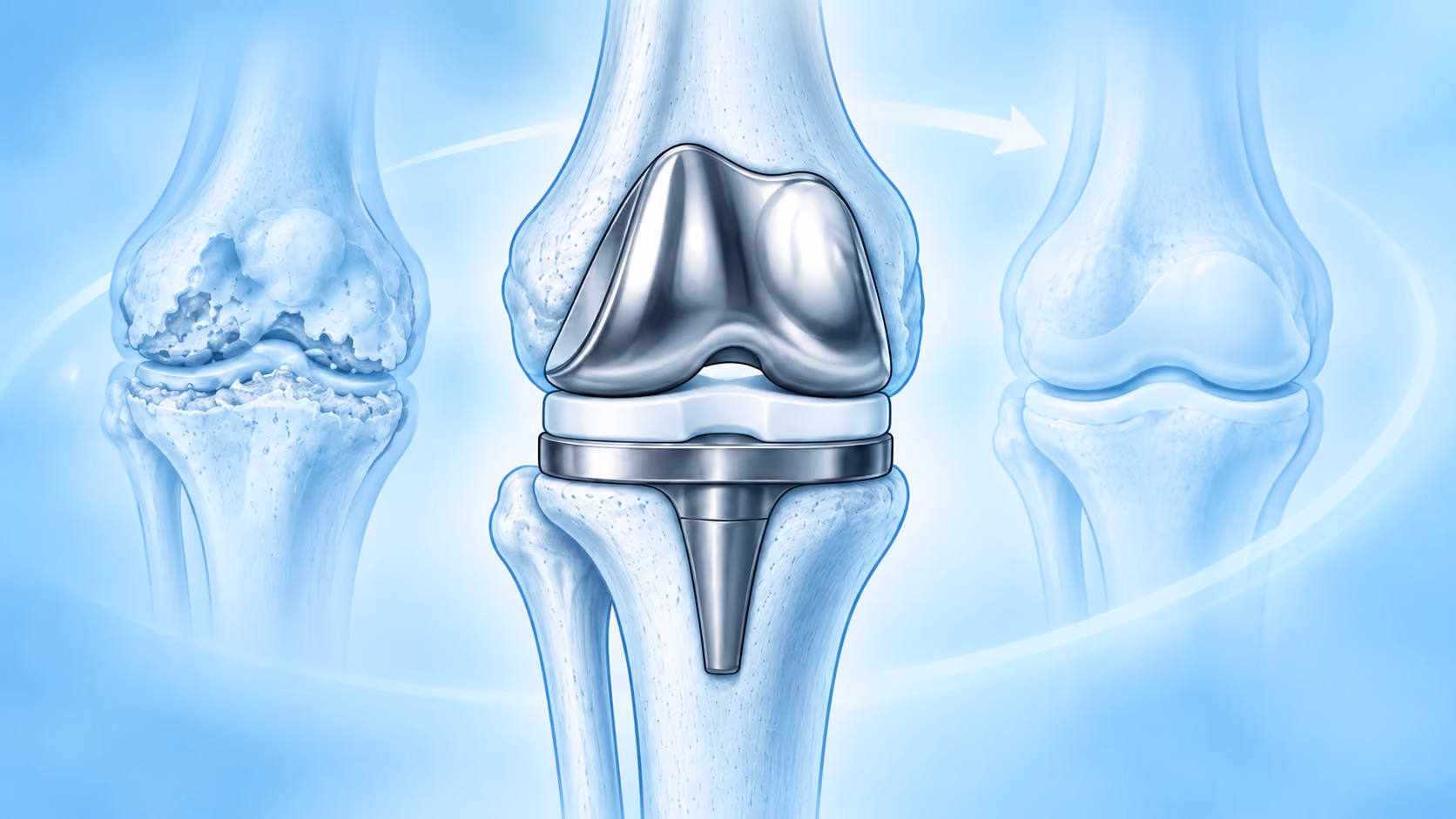 Knee replacement illustration showing an arthritic knee, total knee replacement implant, and healthy knee anatomy.