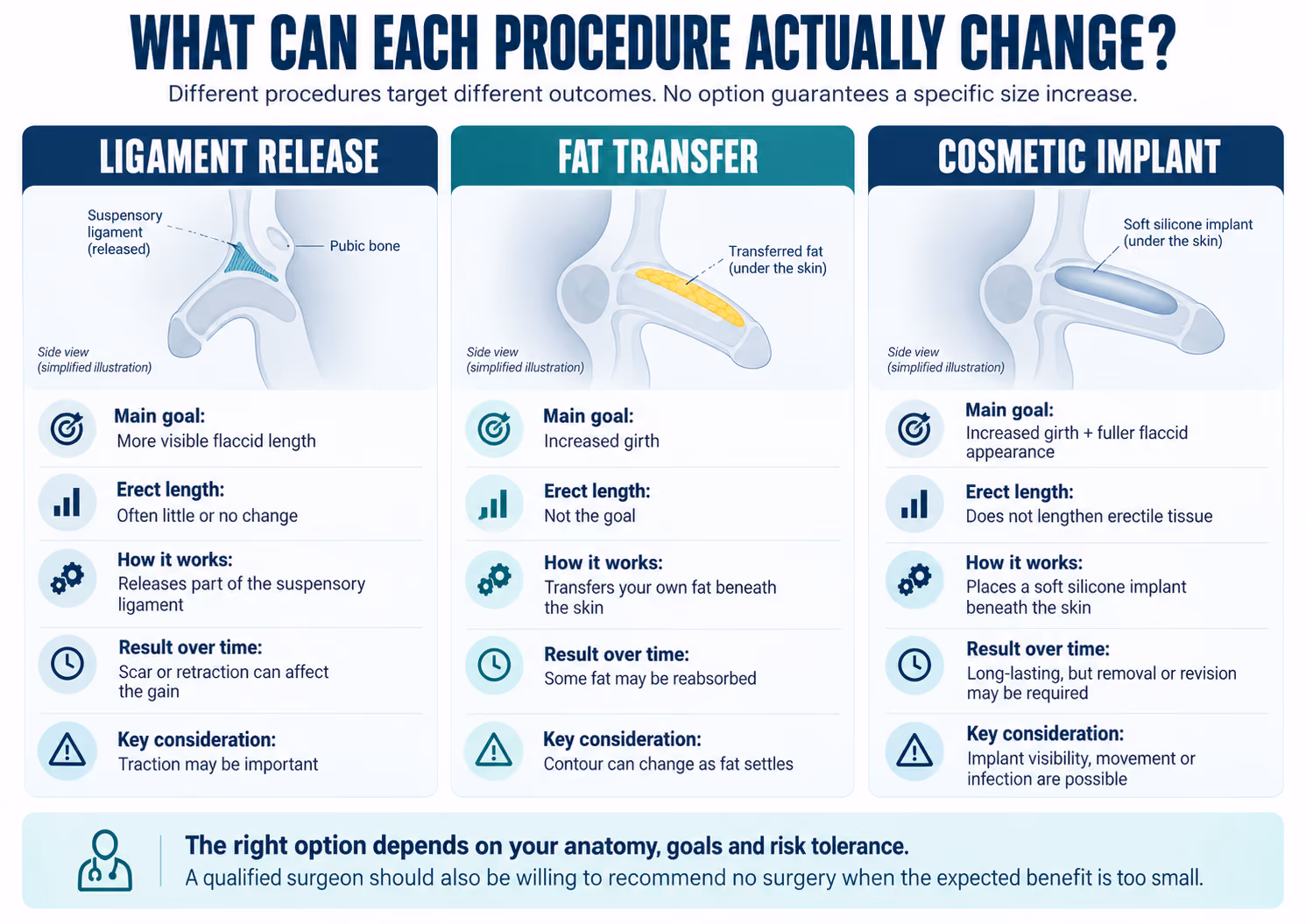 Comparison of penis enlargement surgery options in Canada, including ligament release, fat transfer, and cosmetic penile implants, with their goals, expected changes, and key risks.