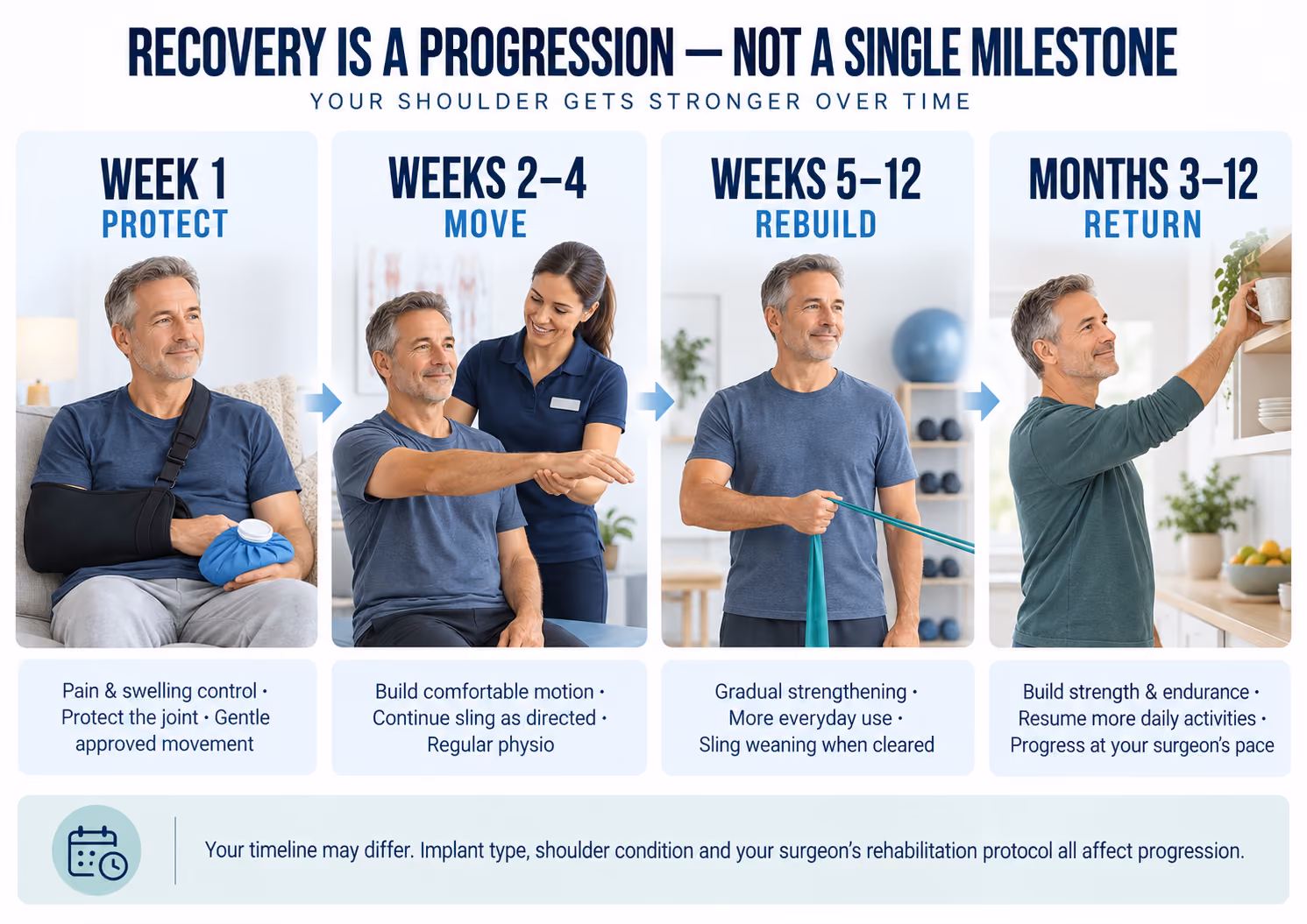 Shoulder replacement recovery graphic showing the temporal breakdown of a general recovery journey featuring an older male patient throughout the journey.