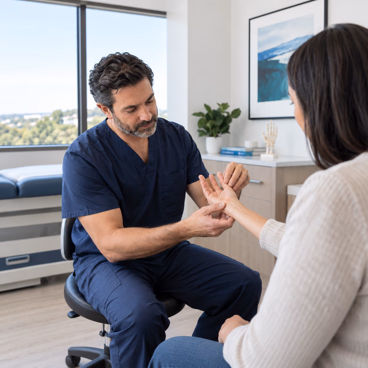 Calgary hand surgeon inspecting a female patient's wrist in well lit surgical office.