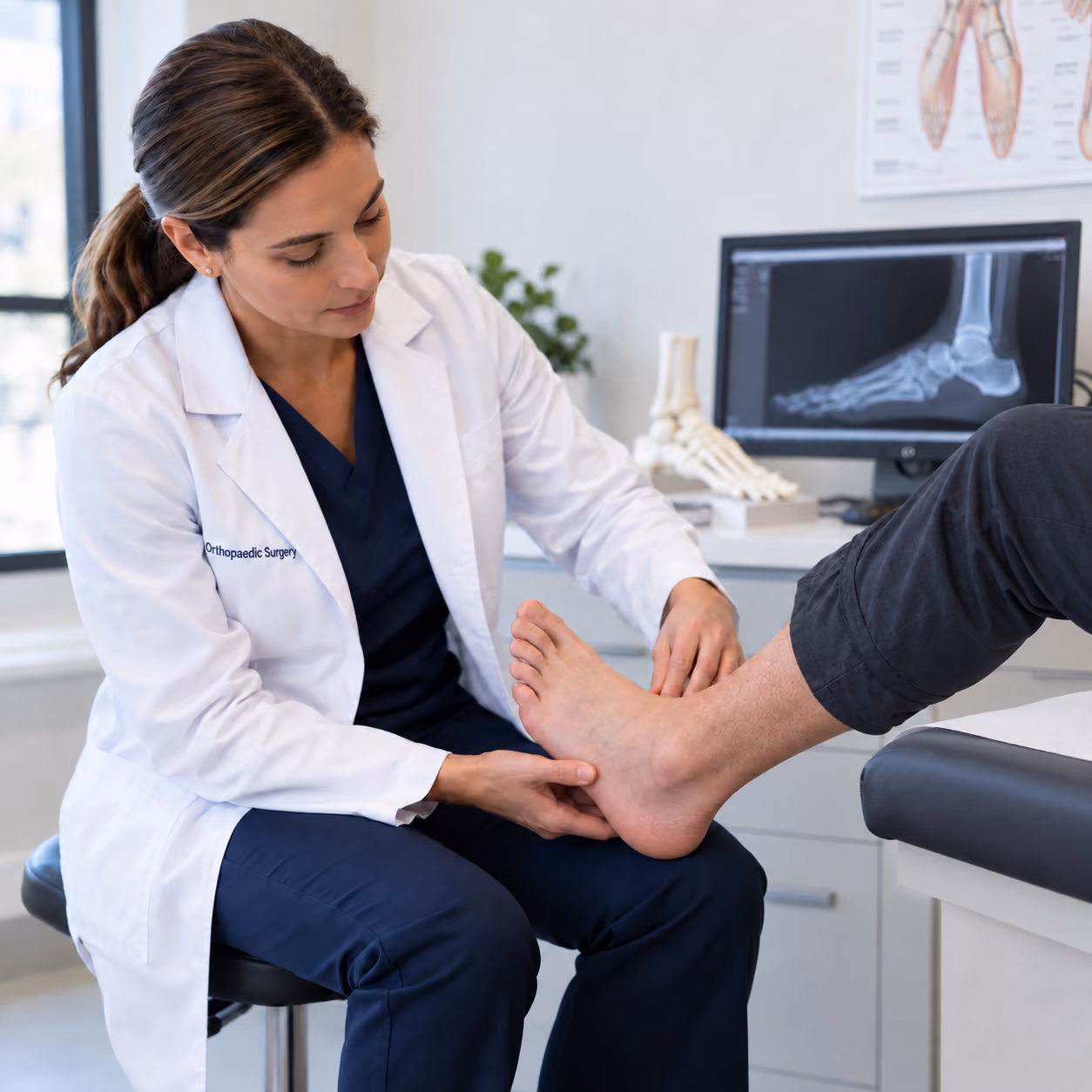 Female surgeon inspecting patient's foot during a surgical consult in a well lit surgical room. 