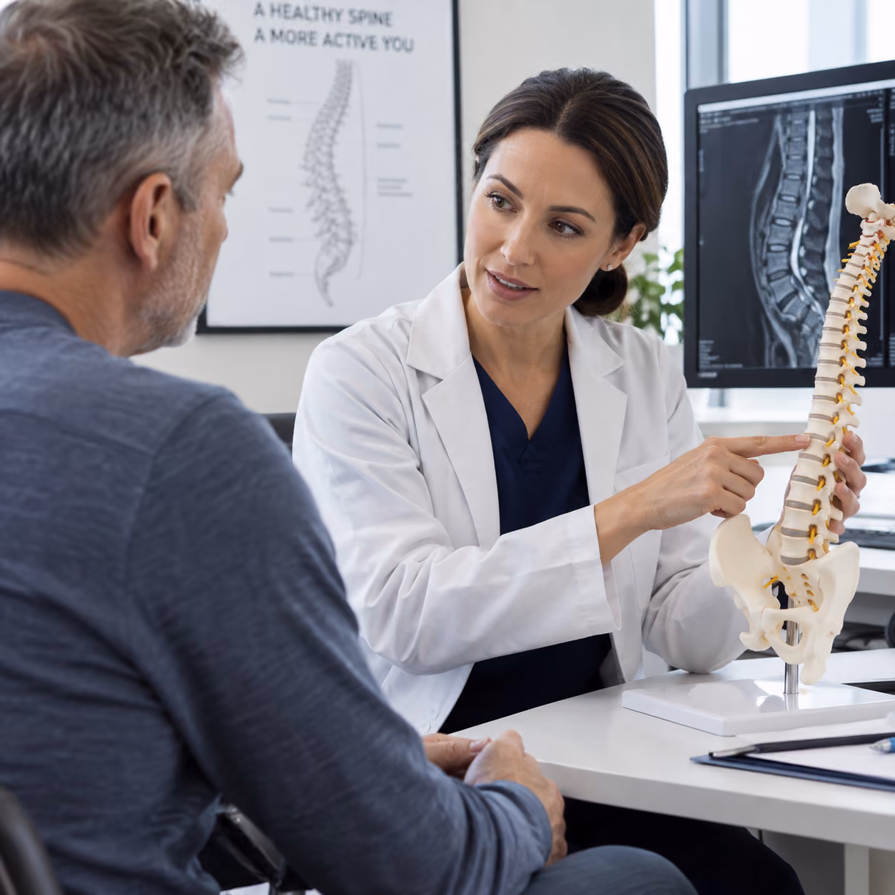 Toronto spine surgeon helping a male patient during a consultation.