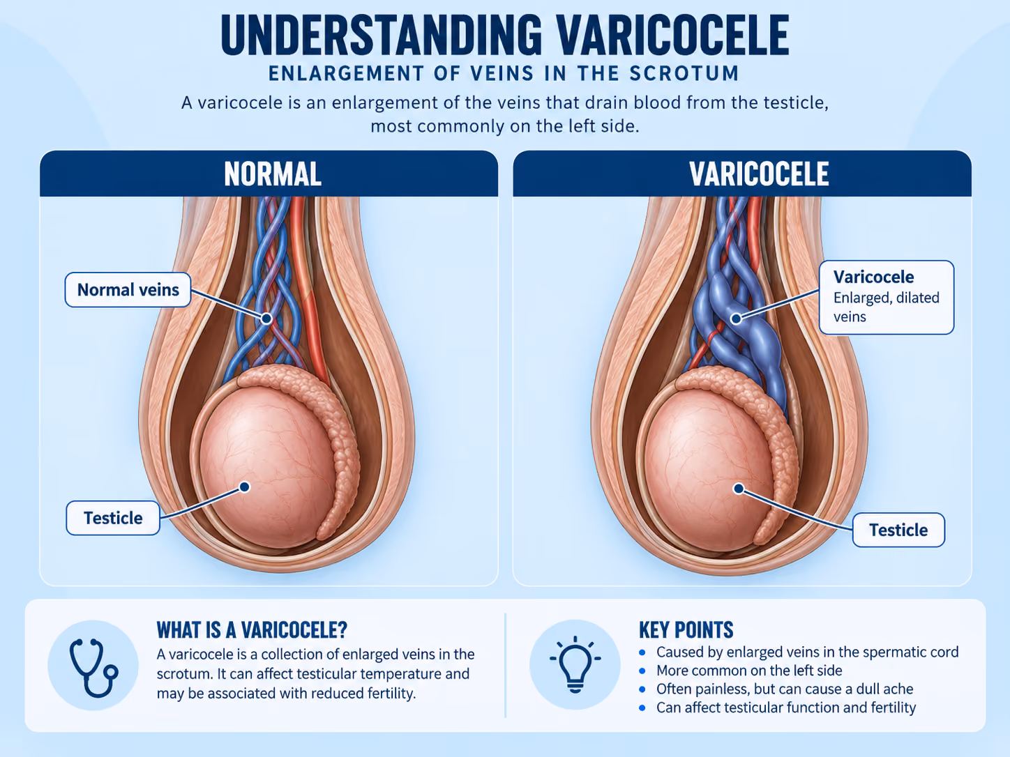 Varicocele infographic comparing normal veins with enlarged scrotal veins around the testicle, showing how a varicocele affects the spermatic cord.