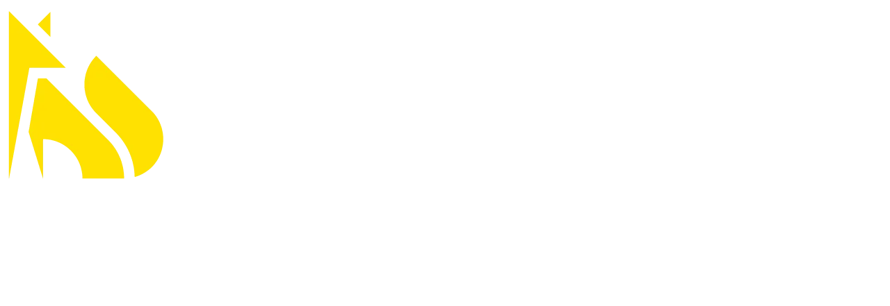 Yellow geometric shapes that form a fox next to the logo name that says Foxgate Boat & RV Storage.