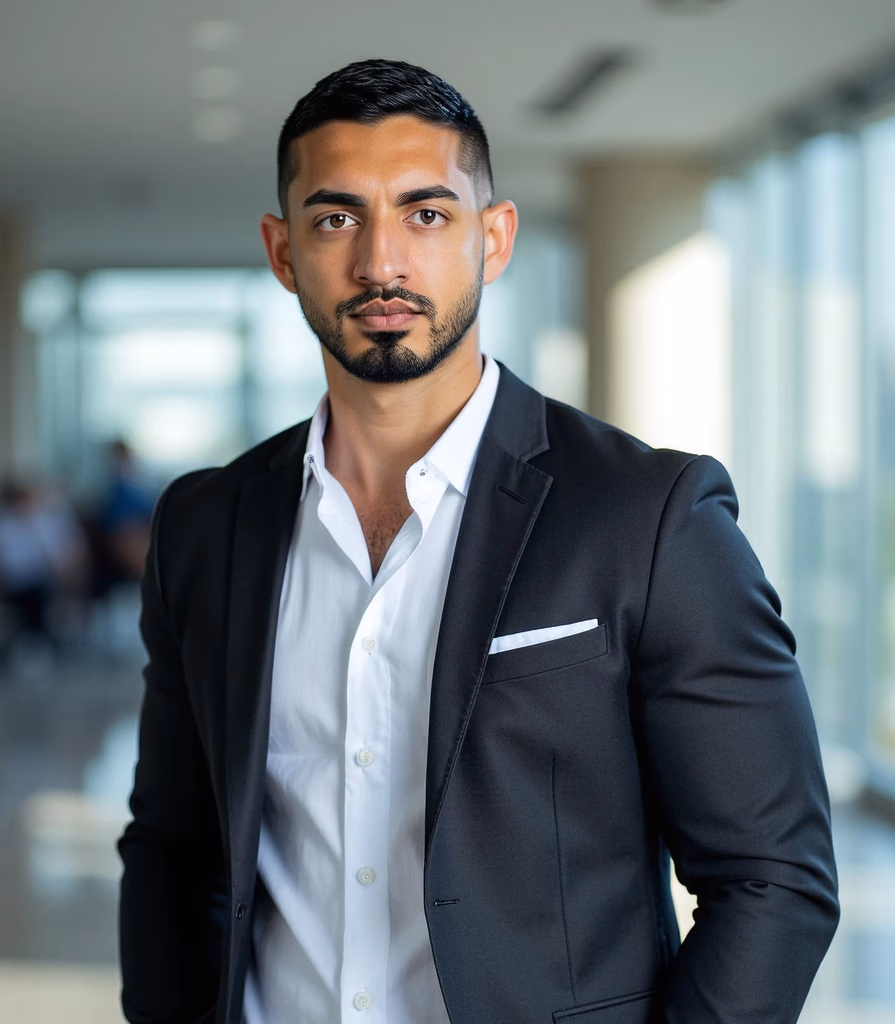 A professional picture of Shah Siddiki in a suit standing in an office