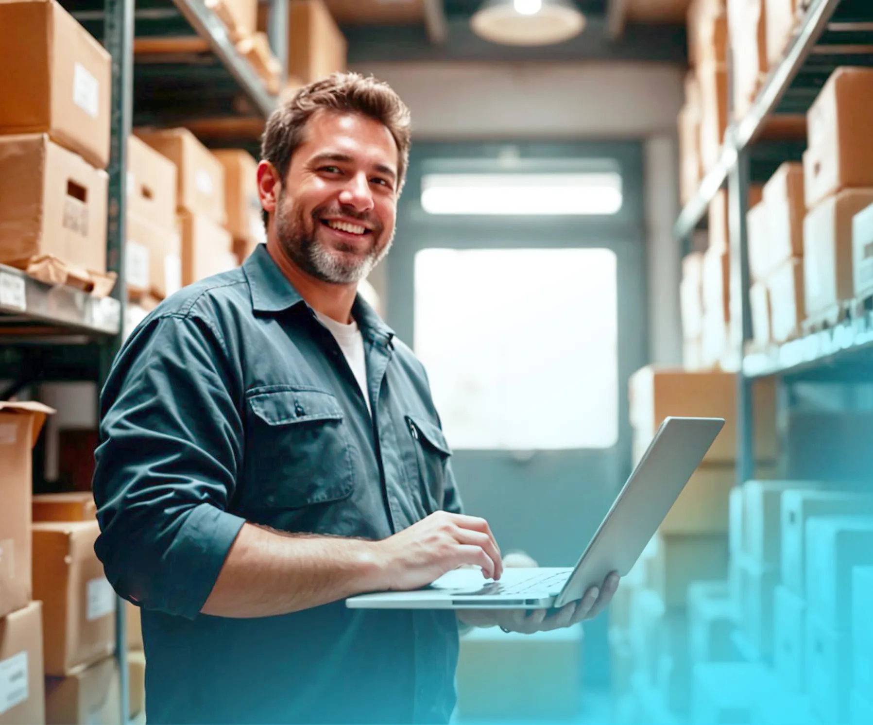Escena representativa de un hombre sonriendo con una laptop en una bodega