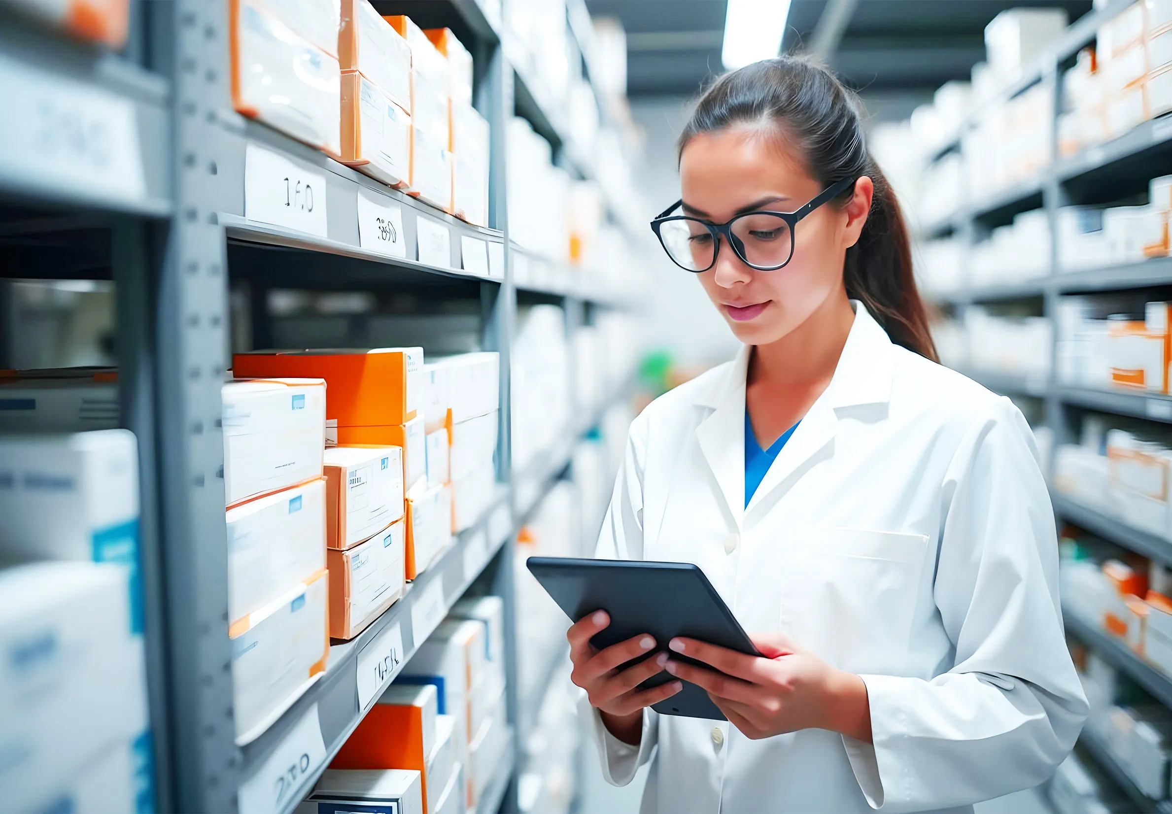 Escena representativa de una mujer en una bodega con medicamentos y una tablet en la mano 