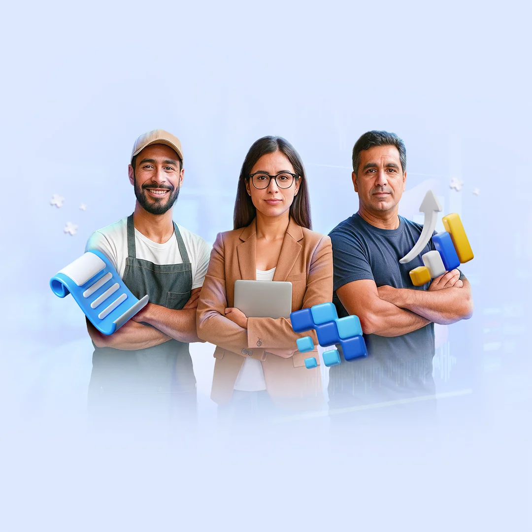 Tres profesionales con los brazos cruzados, con gráficos y flechas que muestran crecimiento económico y financiero en el fondo.