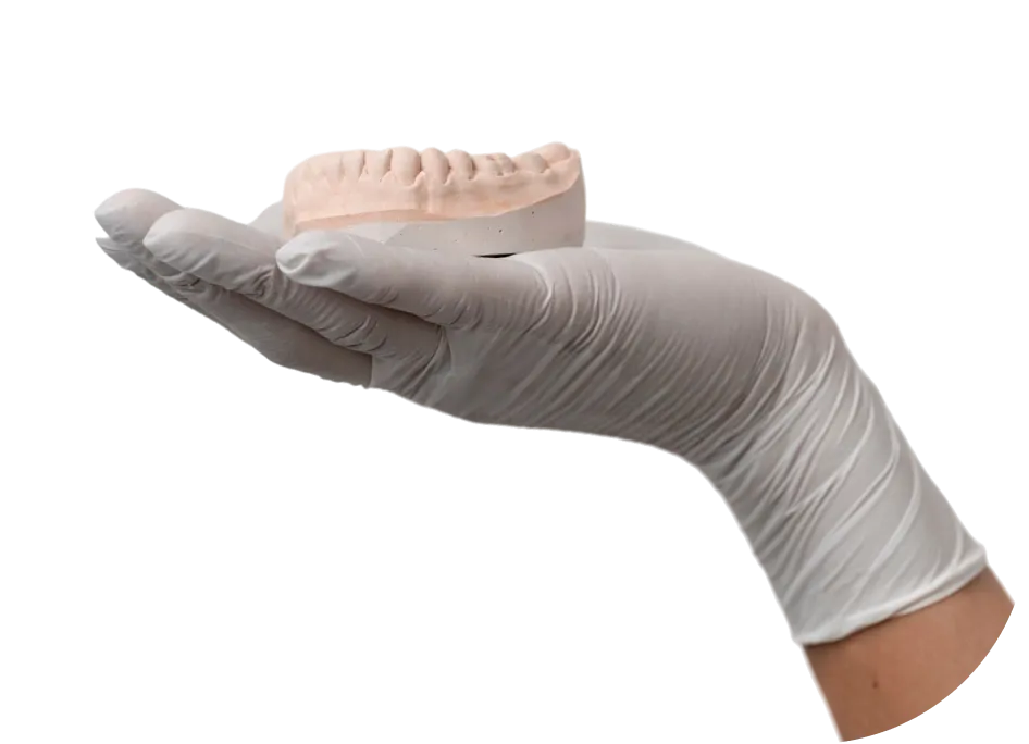 Ręka w białej rękawiczce lateksowej trzymająca gipsowy model szczęki czyli wyciski