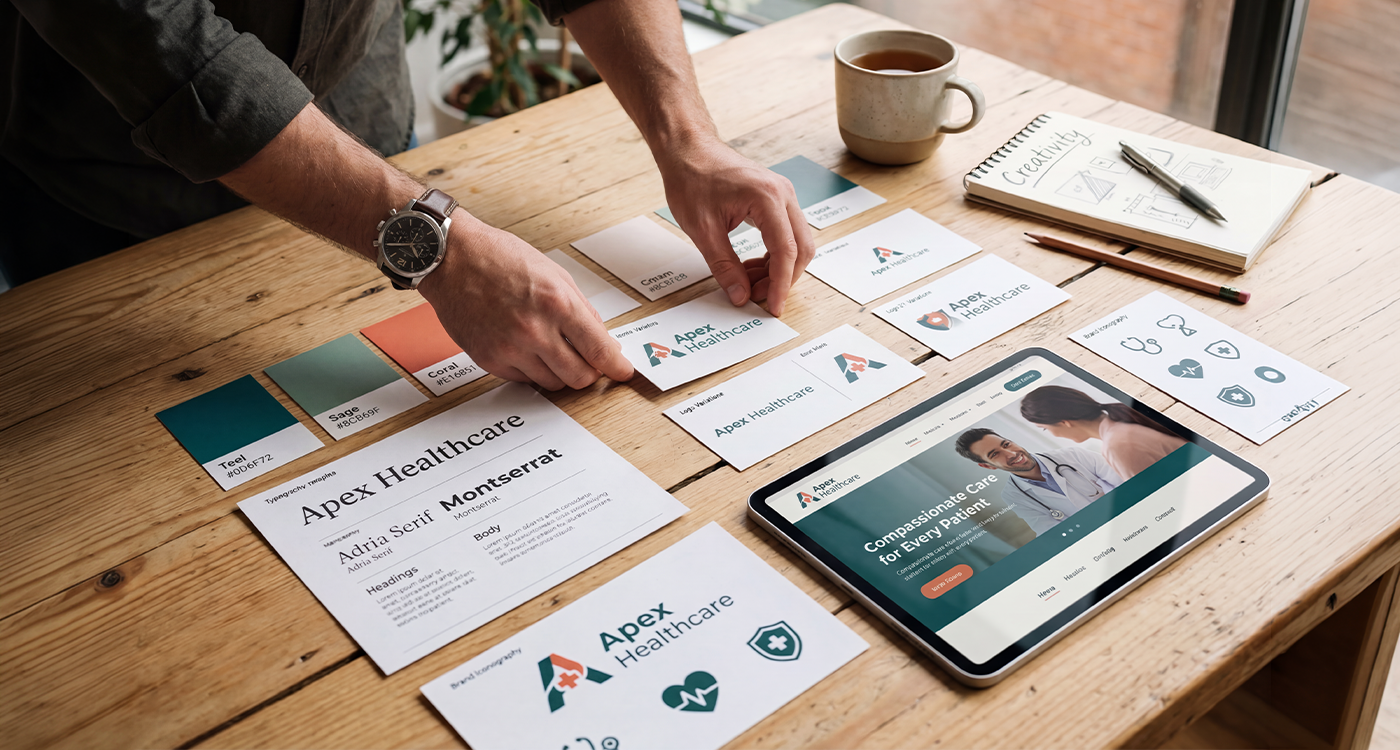 Healthcare brand identity system showing logo, typography, colors, and patient-facing materials