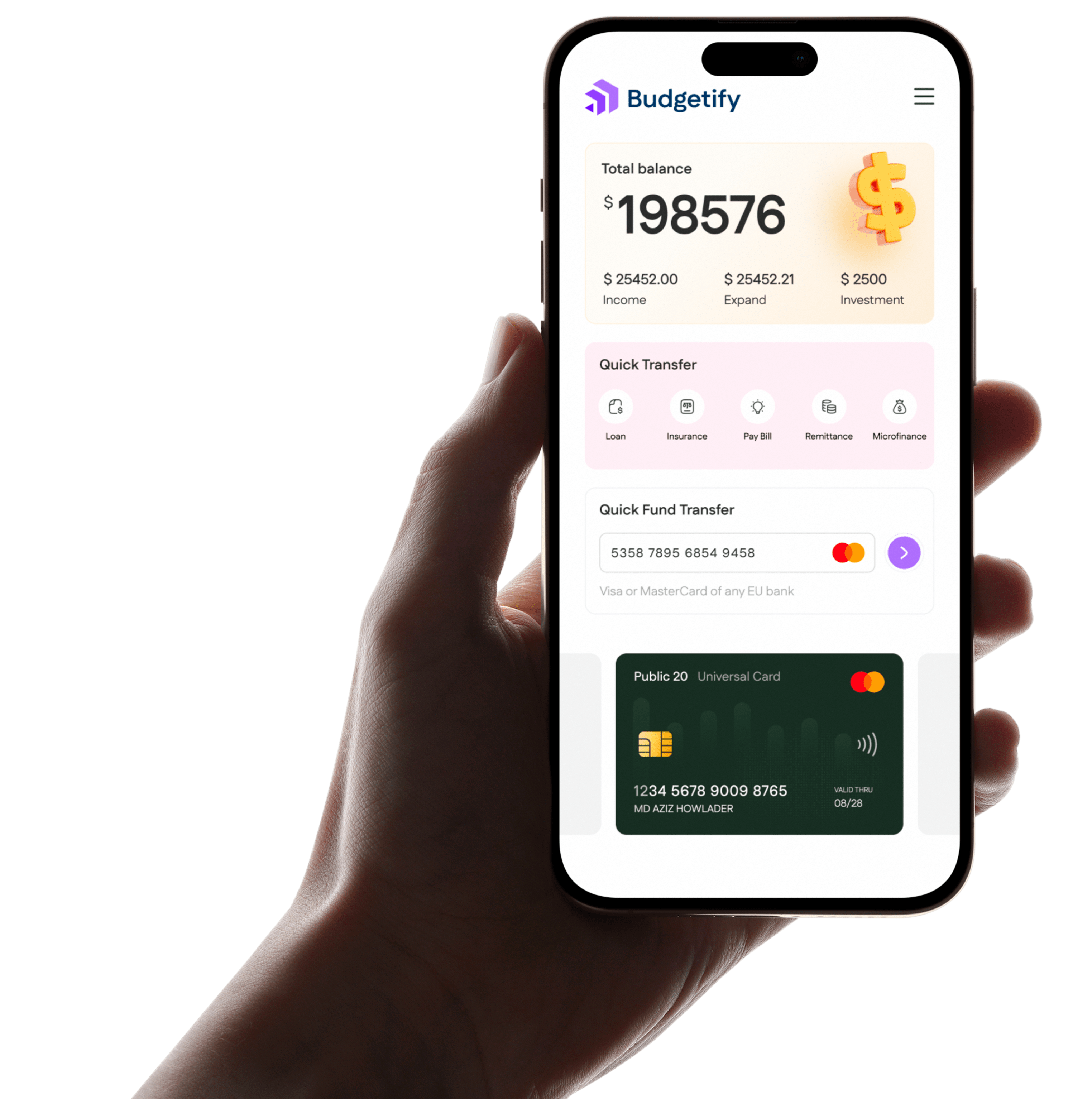 A hand holding a smartphone with our application open on the screen.